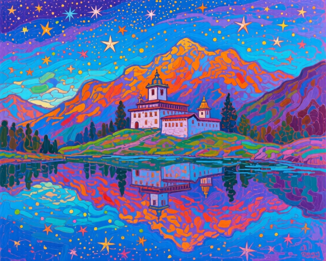 a mountain monastery standing under a sky filled with countless stars reflected in still water