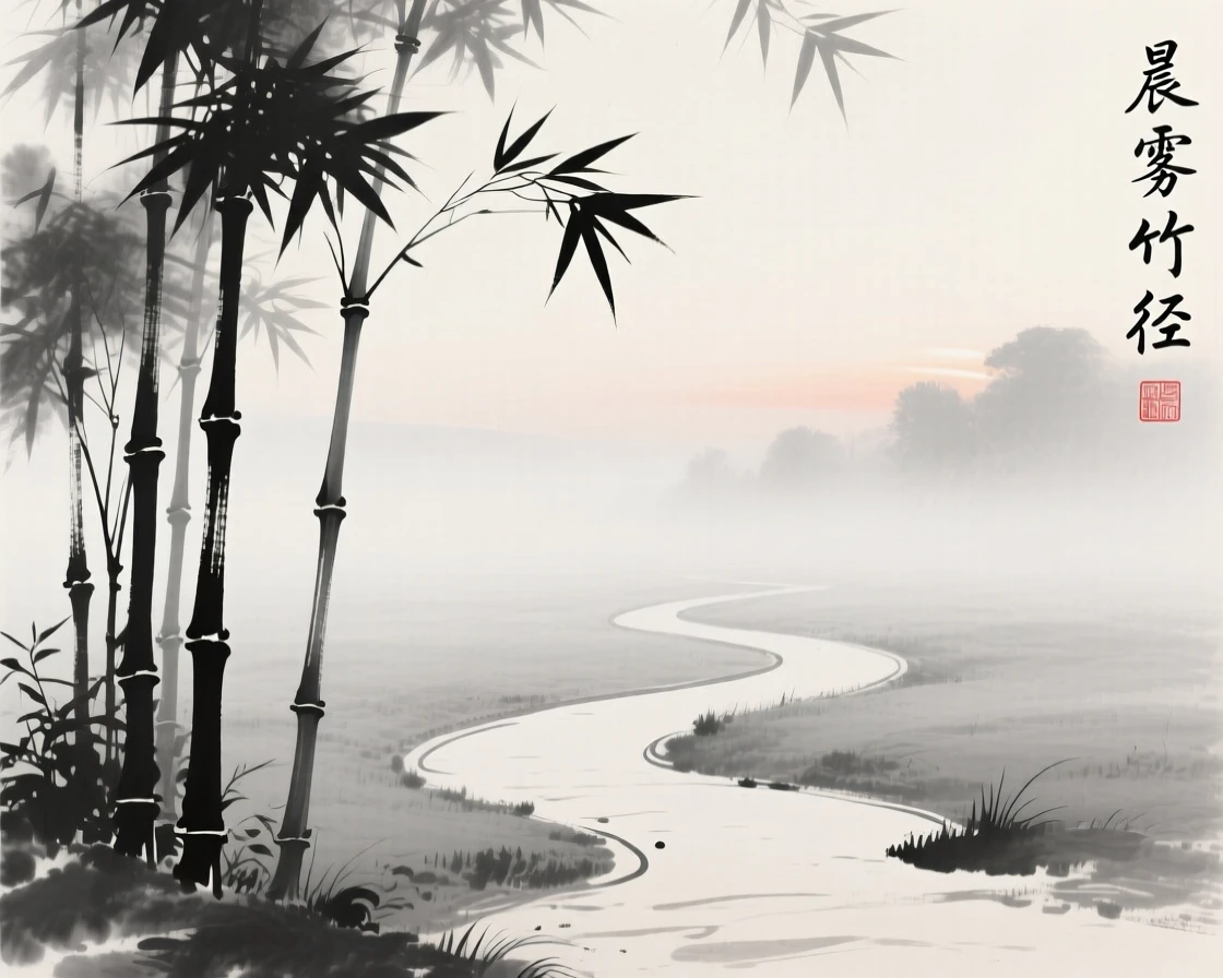 Tall bamboo stalks rise beside a quiet garden path, with morning mist still clinging to the leaves.