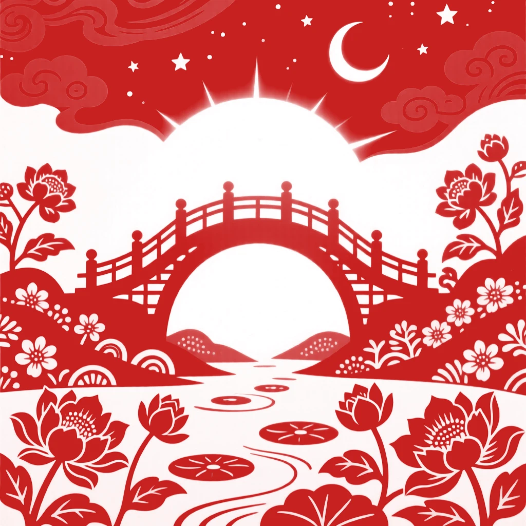 A celestial bridge of light, cradled within a valley of luminous flowers, glowing softly against the deep night sky.