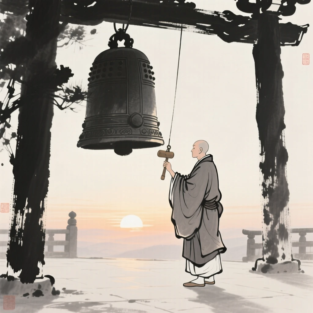 A monk ringing a temple bell at first light, composed with soft light falling across the scene, evoking warmth, simplicity, and quiet dignity.
