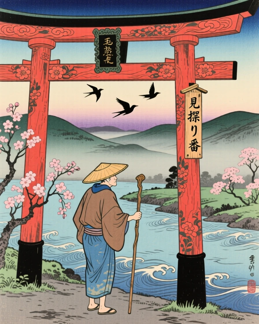 A resting farmer standing watch beneath an ornate gate at twilight.