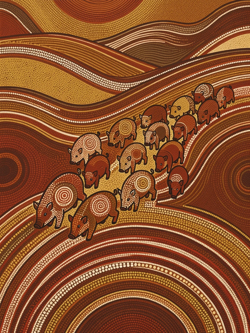 A herd of wild boar piglets migrating across the plains