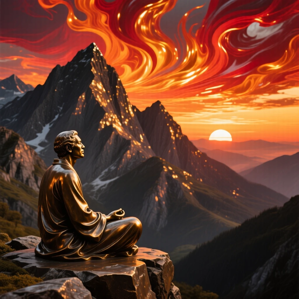 A dramatic mountain sunrise painting the sky in fire, with a serene, contemplative atmosphere, offering a breathtaking sense of place