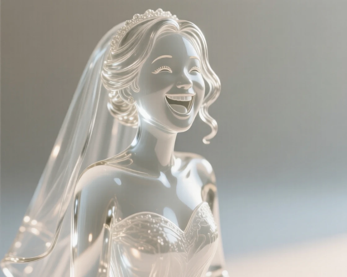 A bride laughing joyfully on her wedding day, softly lit by warm natural light, shallow depth of field isolating the subject, expression full of genuine emotion.