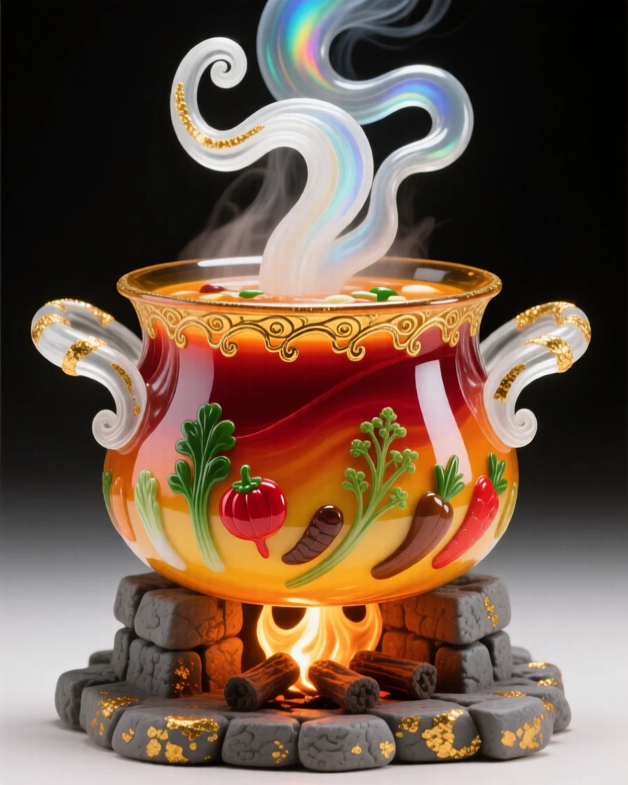 A steaming pot of stew simmering over a rustic hearth, warm and comforting.