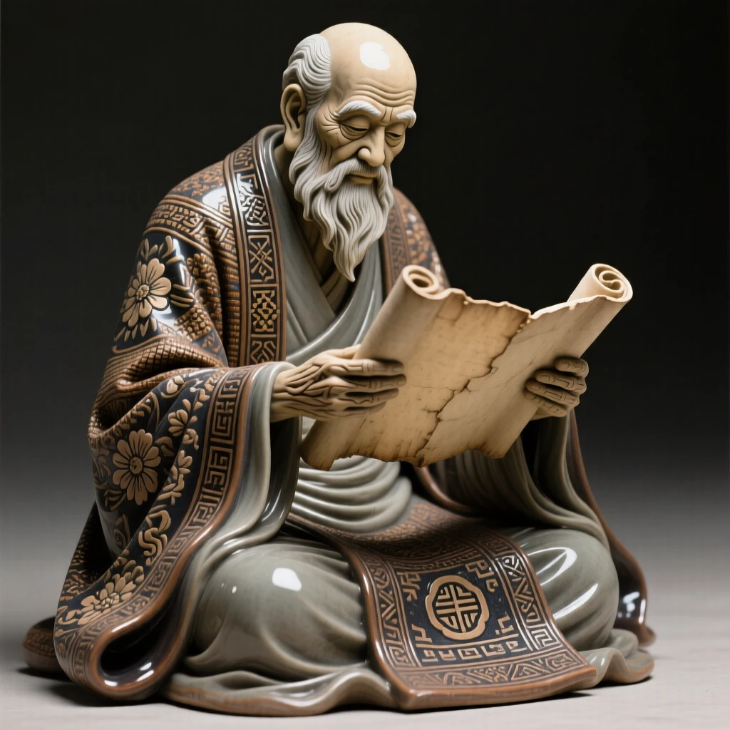 An ancient sage reading from a scroll frozen in a moment of ancient ritual, draped in richly embroidered ceremonial cloth, radiating dignity, honor, and cultural pride.
