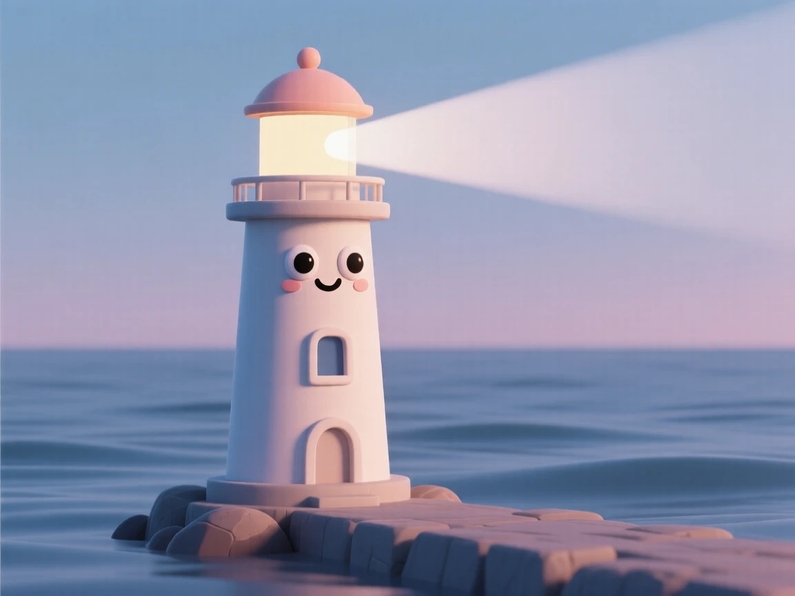 A charming little lighthouse with window eyes and a rooftop smile beams its light out across a calm evening sea.