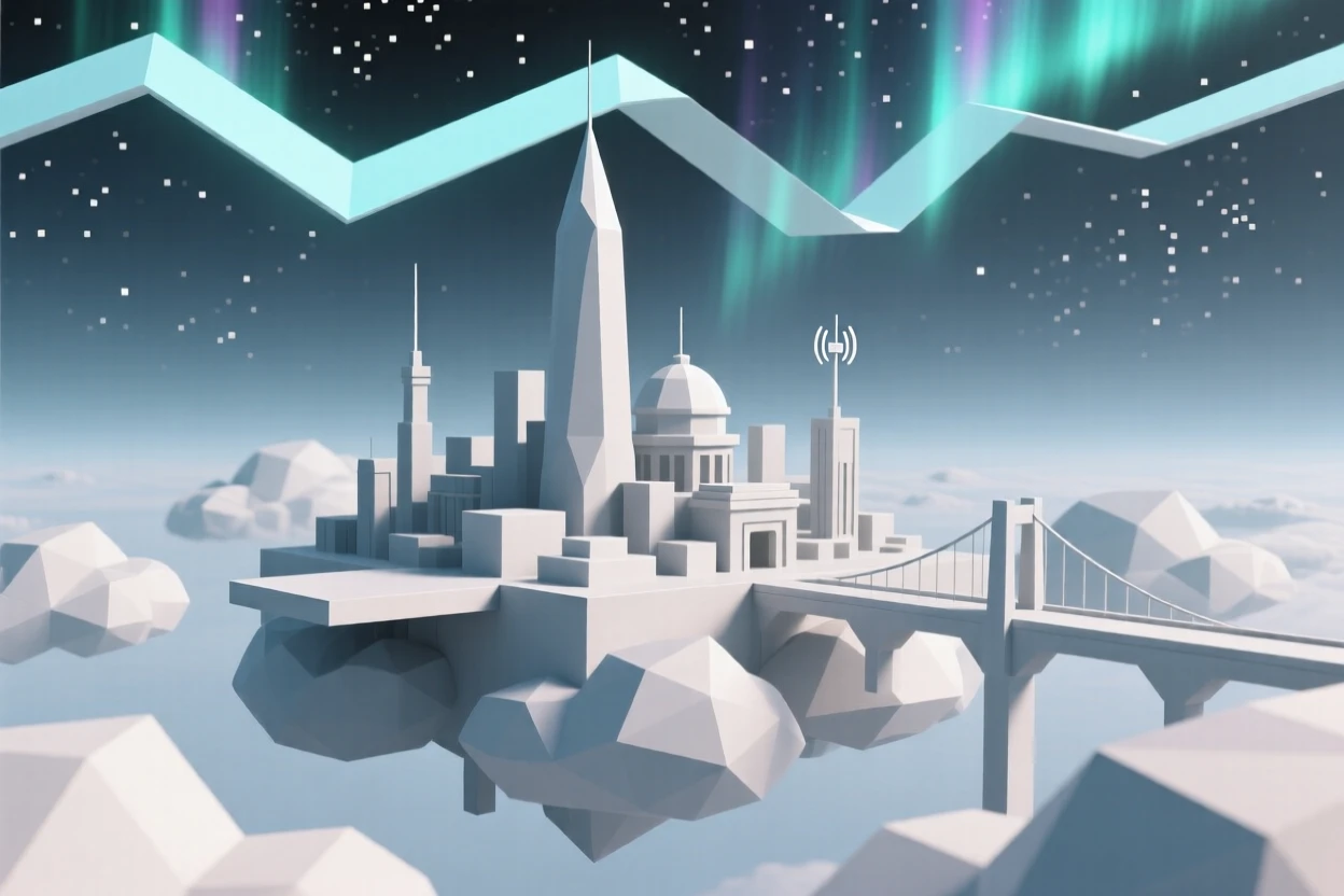 A futuristic city floating among the clouds, beneath shimmering auroras. fine particle detail adds texture to the vast space. A sense of quiet wonder fills the cosmos.