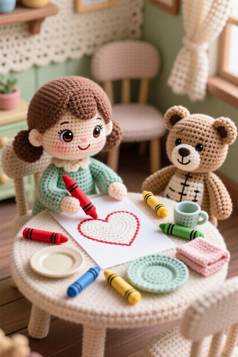A tender everyday moment: a little girl making a card for a friend with crayons scattered nearby, carefully coloring a heart on paper inside a homely dining room set for a family meal; a favorite well-loved stuffed toy completes the scene, full of a peaceful sense of home and belonging.