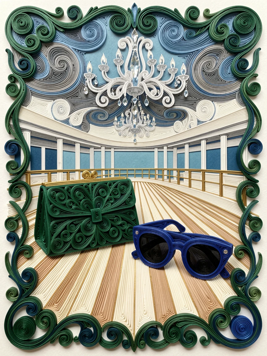 A sophisticated luxury scene of a designer clutch beside a pair of sunglasses on a yacht deck in a grand ballroom lit by chandeliers, in deep jewel tones of emerald and sapphire, arranged with elegant symmetry and balance.