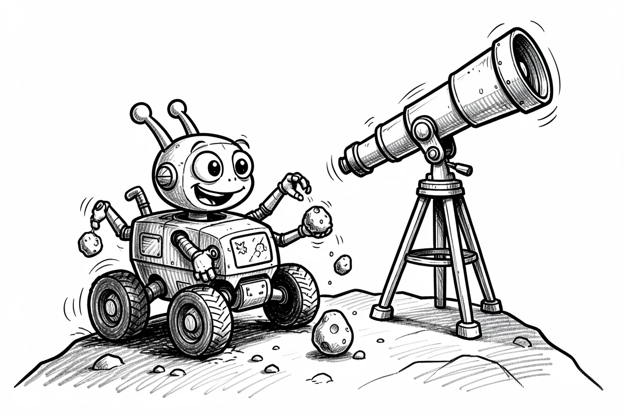 An alien-friendly rover collecting moon rocks beside a telescope on a hilltop.