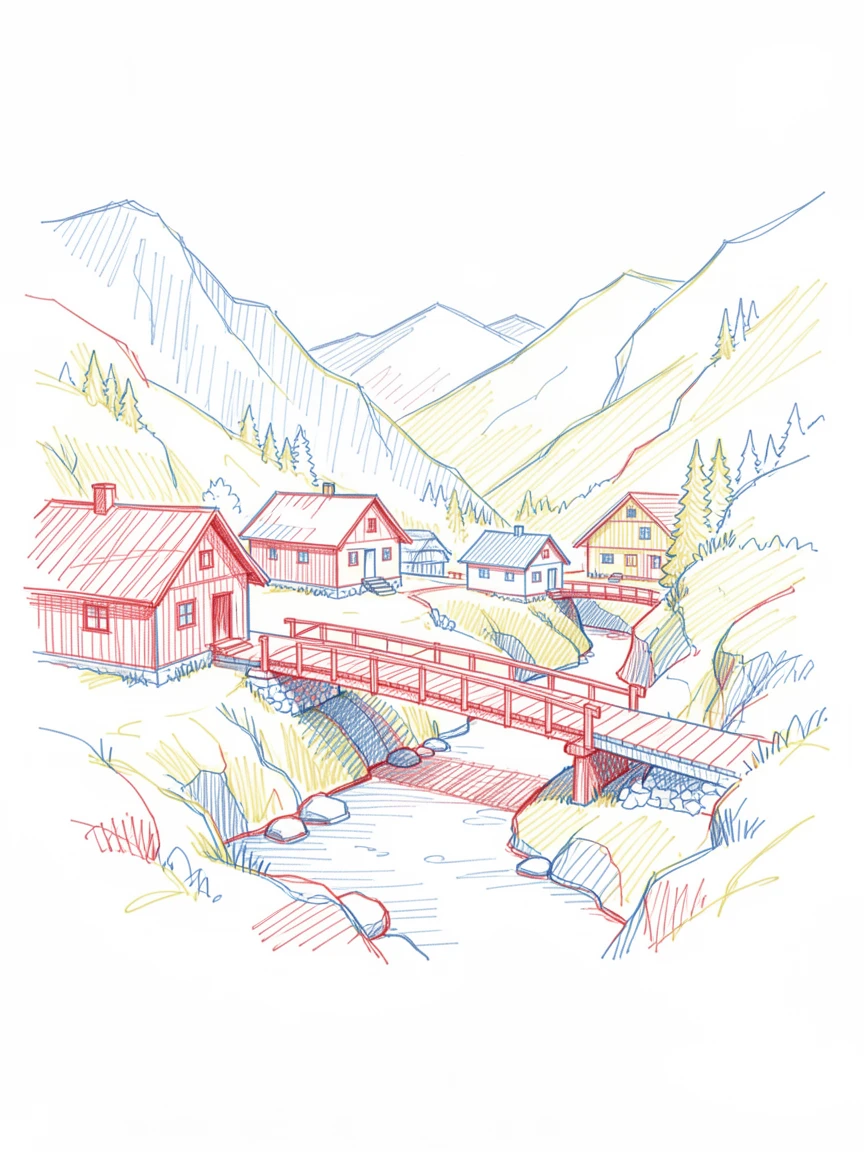 A quiet mountain village connected by narrow wooden bridges