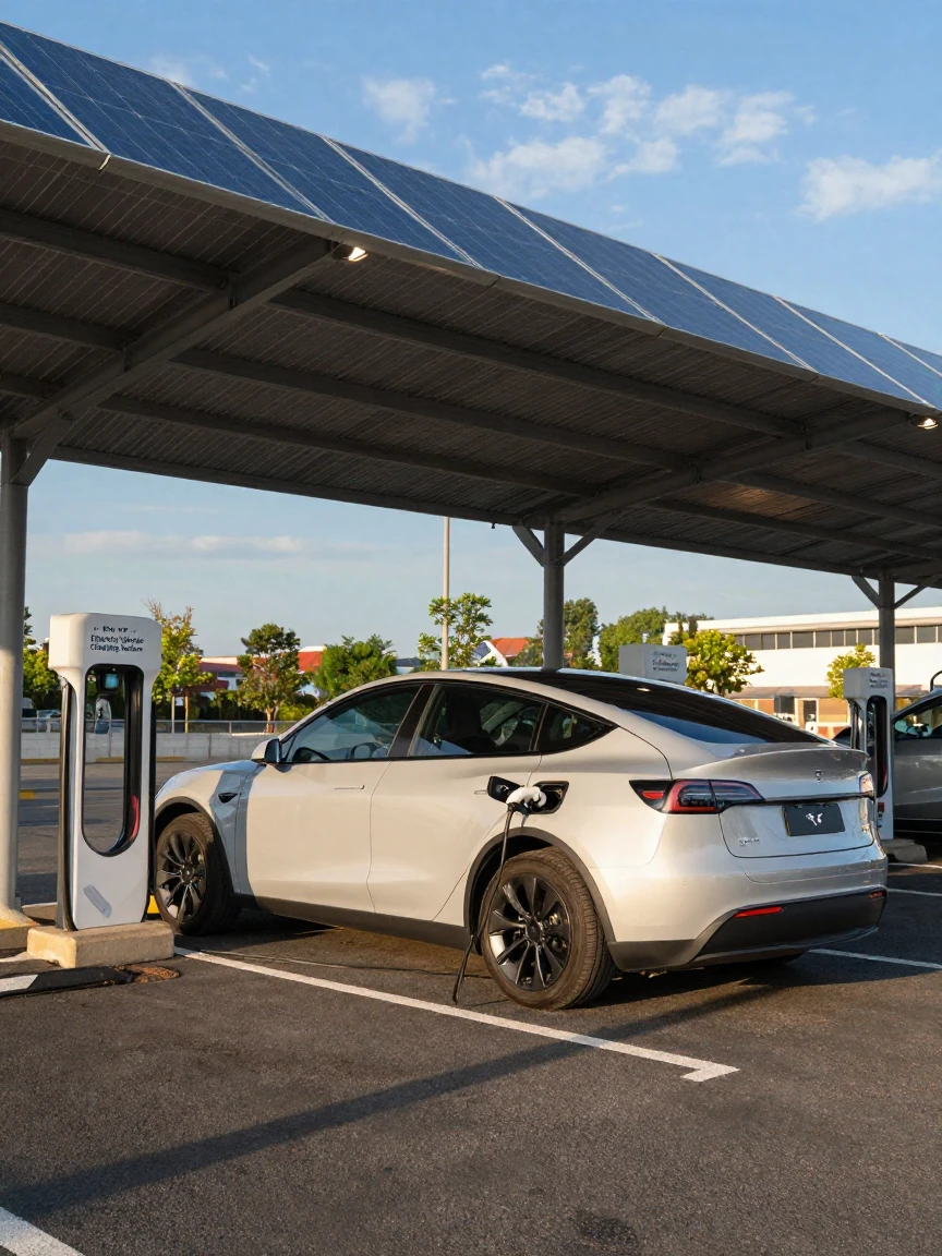 An electric car charging beneath solar panel canopies