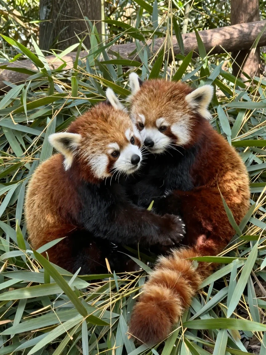 A pair of red pandas tumbles together in a nest of bamboo leaves.