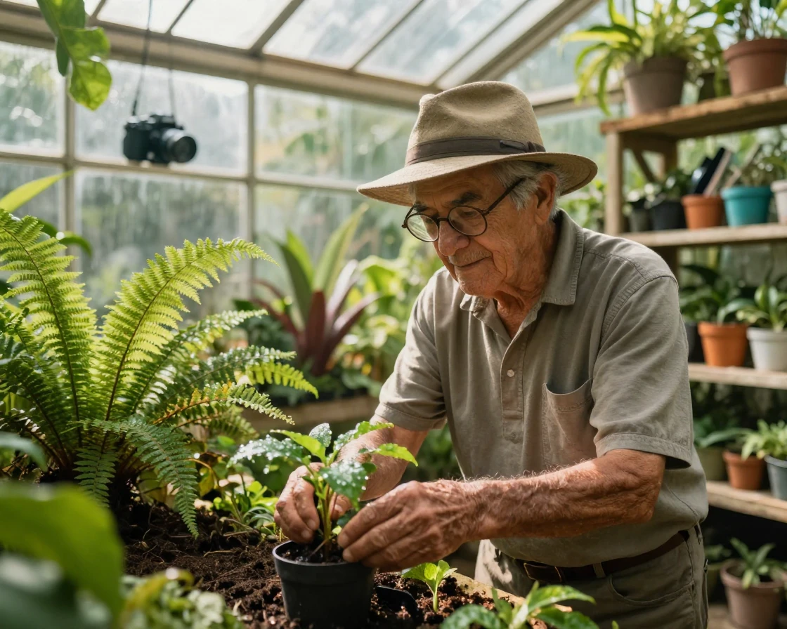 An elderly Brazilian traveler tending carefully to a small garden inside a sunlit greenhouse full of ferns