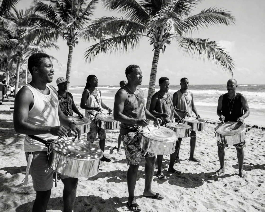 A group of steel drum players fills the air with island rhythm on a sunny Caribbean beach.