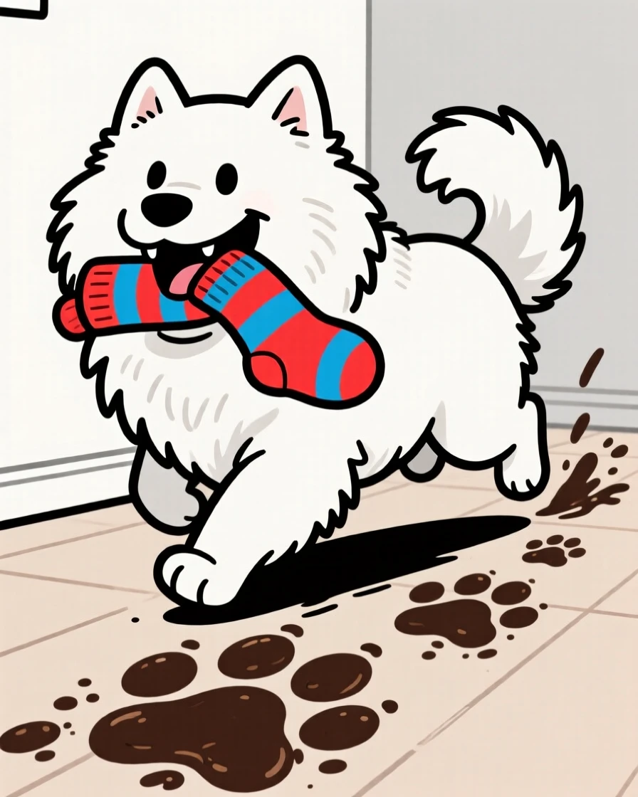 A playful pet moment featuring a fluffy Samoyed stealing a sock and parading it triumphantly, with muddy paw prints trailing behind.