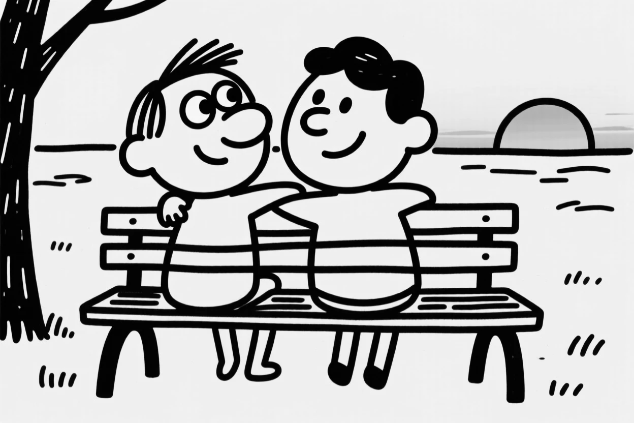 Two people leaning against each other on a park bench, watching the sunset together.
