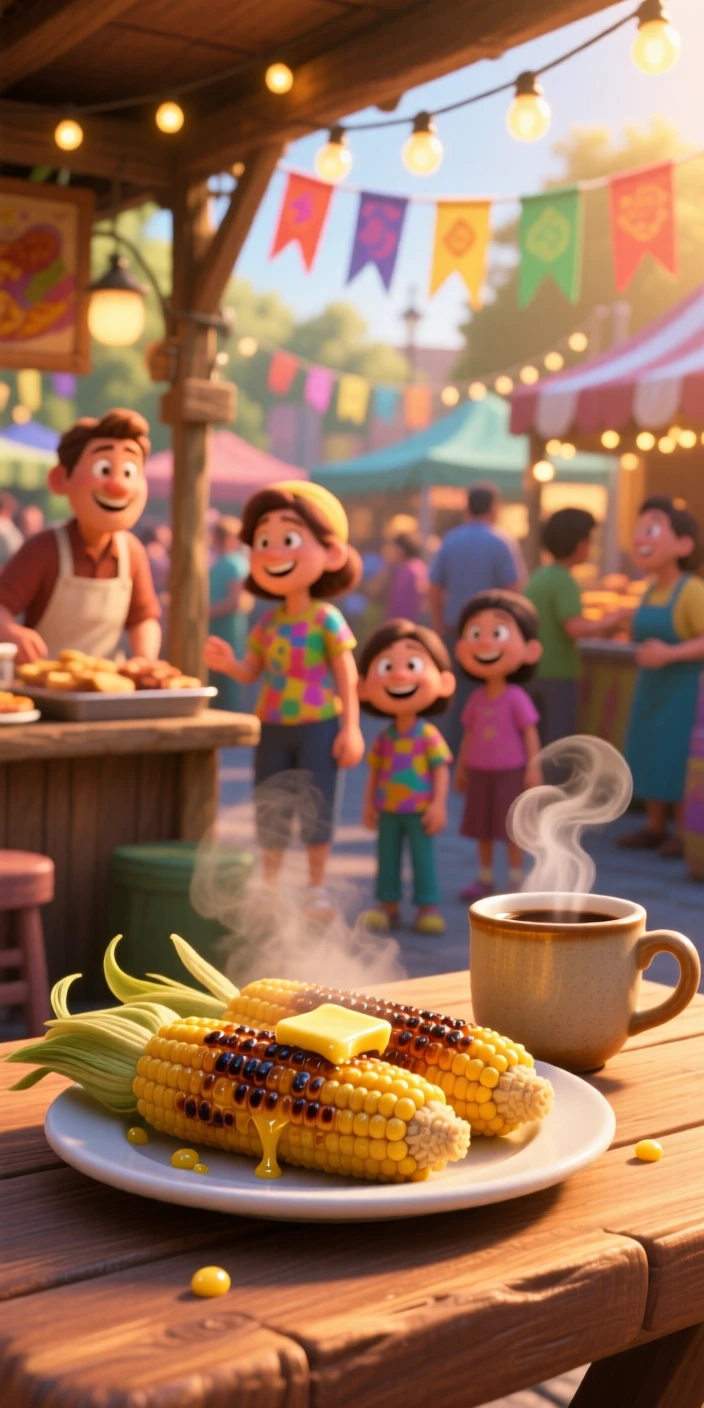 A plate of grilled corn on the cob with butter sits at a bustling street food market stall, next to a steaming cup of coffee. The mood is festive and appetizing.