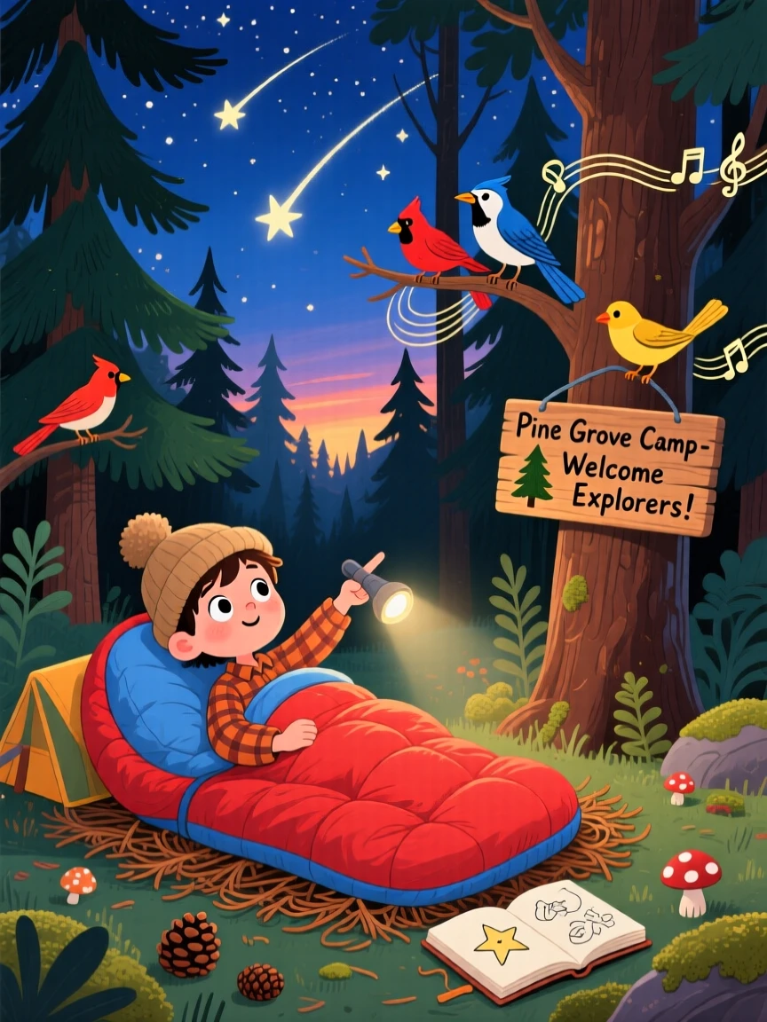 A curious camper spends the day spotting shooting stars from a sleeping bag through a dense pine forest, with birdsong echoing through the trees.