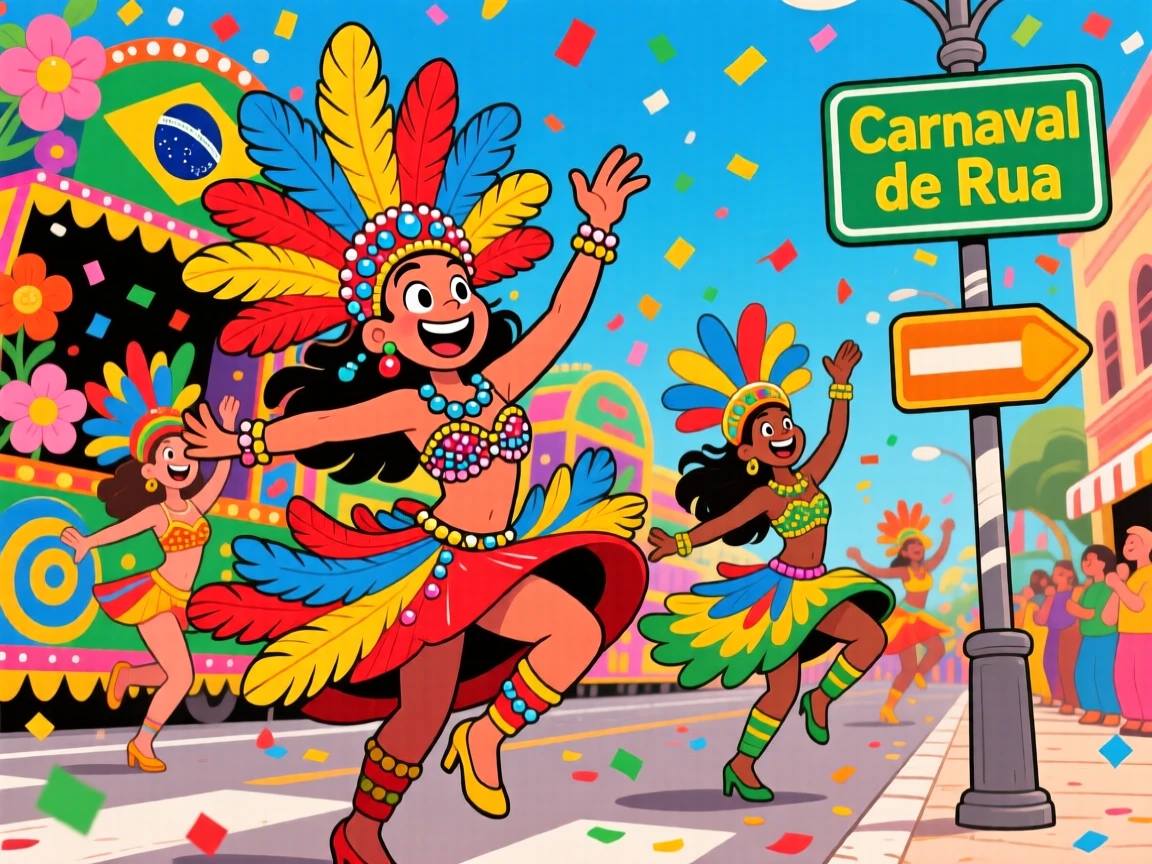 Dancers in Brazil parading in feathered costumes during a street carnival.