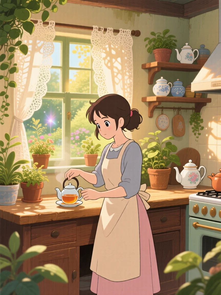 A woman brewing tea in a sunlit kitchen, sunlight streaming through lace curtains, the whole scene feeling gently nostalgic.