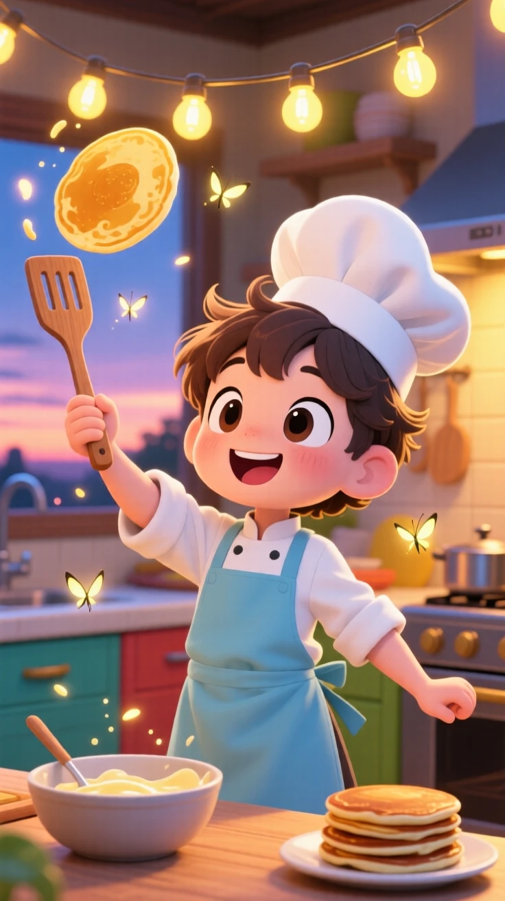 In a cheerful kitchen, a young chef is flipping a pancake high in the air as fireflies begin to glow at dusk, bathed in glowing string lights, expression full of eager anticipation. Shot as a waist-up portrait.