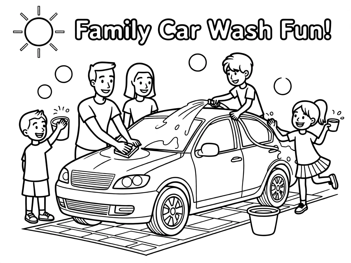 A family washing their car together in the driveway