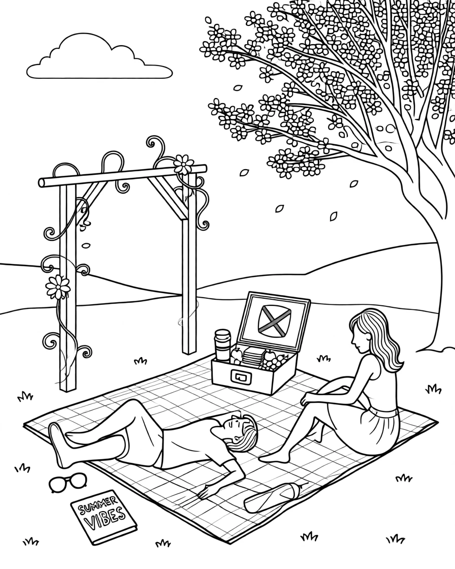 A picnic blanket spread beneath a blossoming tree, with vines curling around a nearby trellis.
