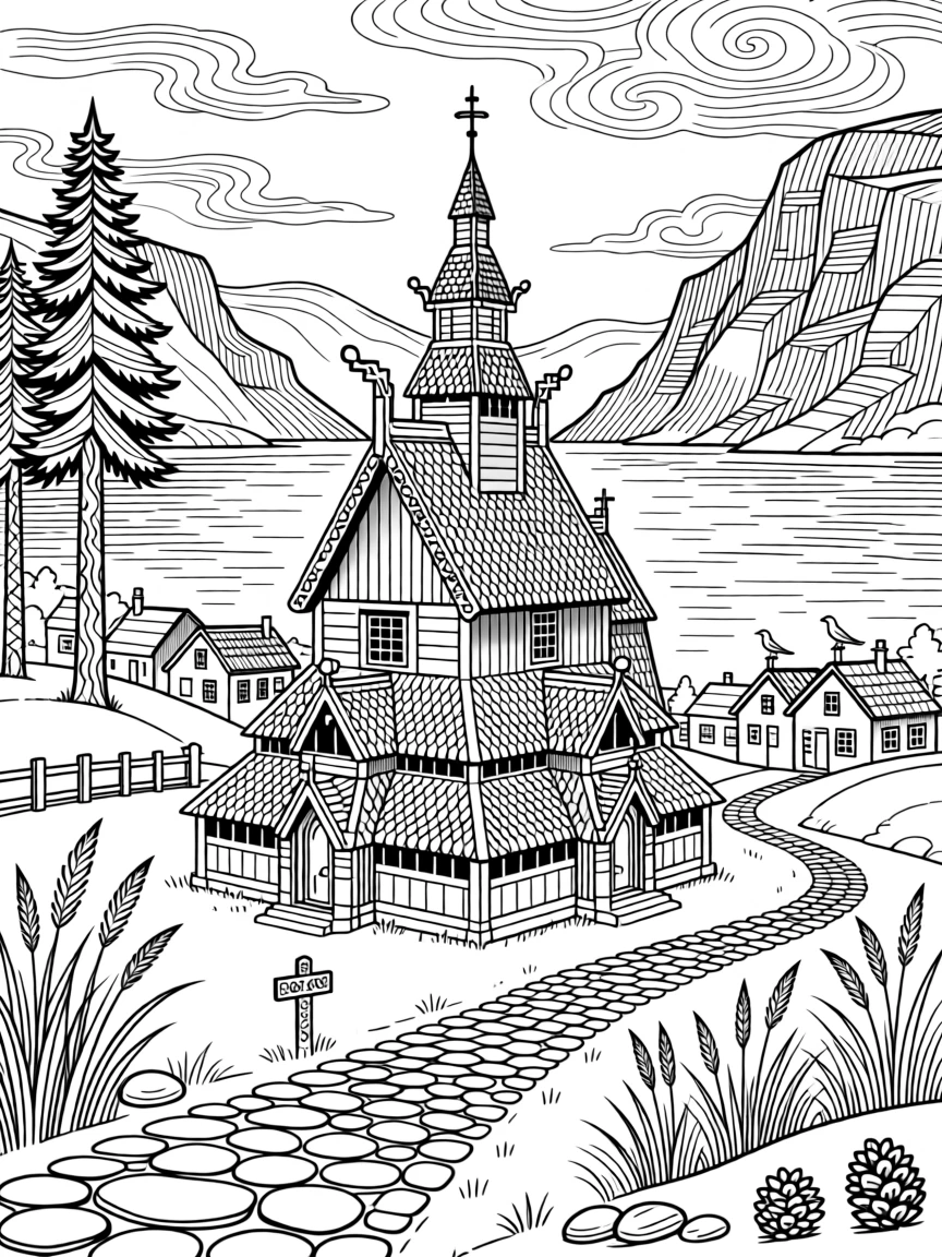 A wooden stave church in a fjord village beneath tall pines.
