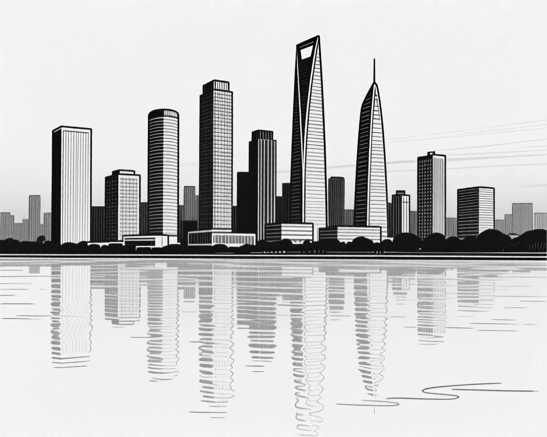 A skyline of skyscrapers reflected in a river at dusk