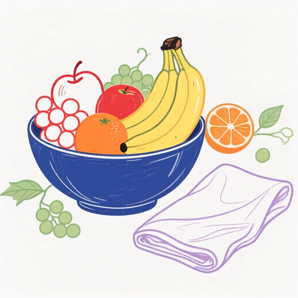 A bowl of fruit arranged beside a linen napkin.