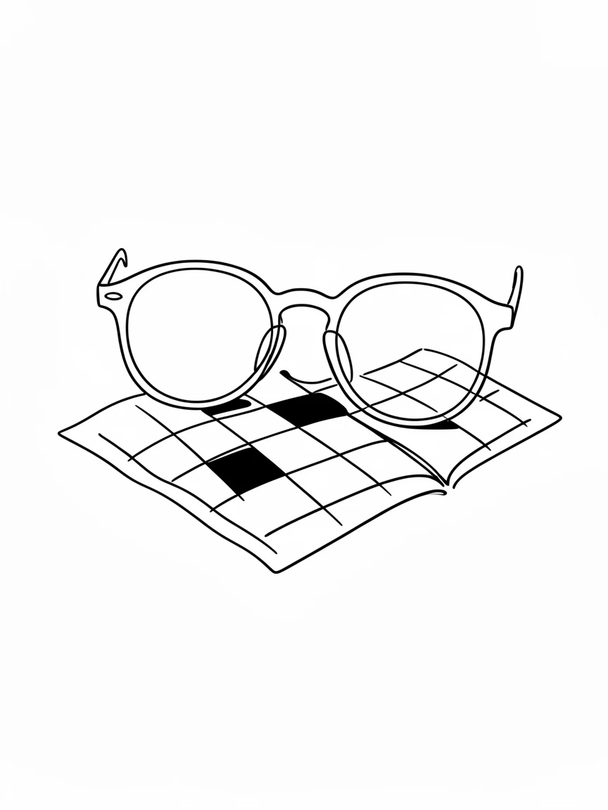 A pair of reading glasses resting on an open crossword puzzle