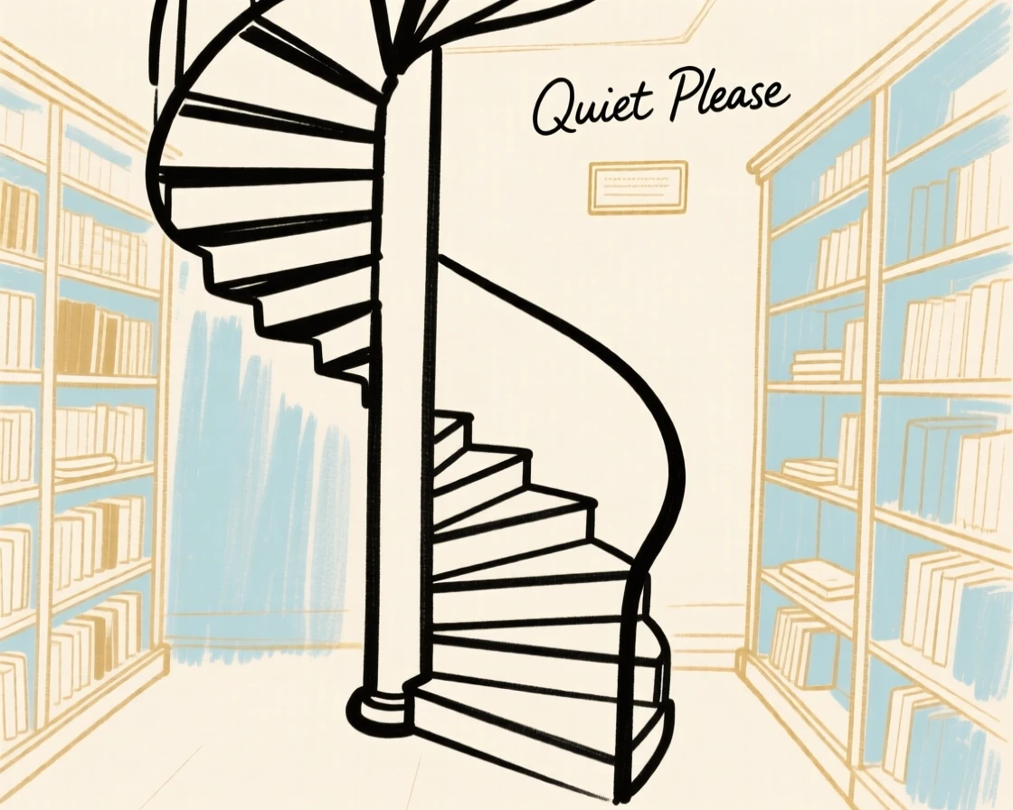 A spiral staircase in an old library