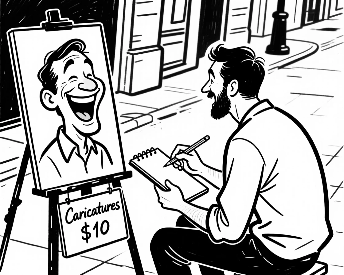 A street artist sketching a caricature of a laughing customer.