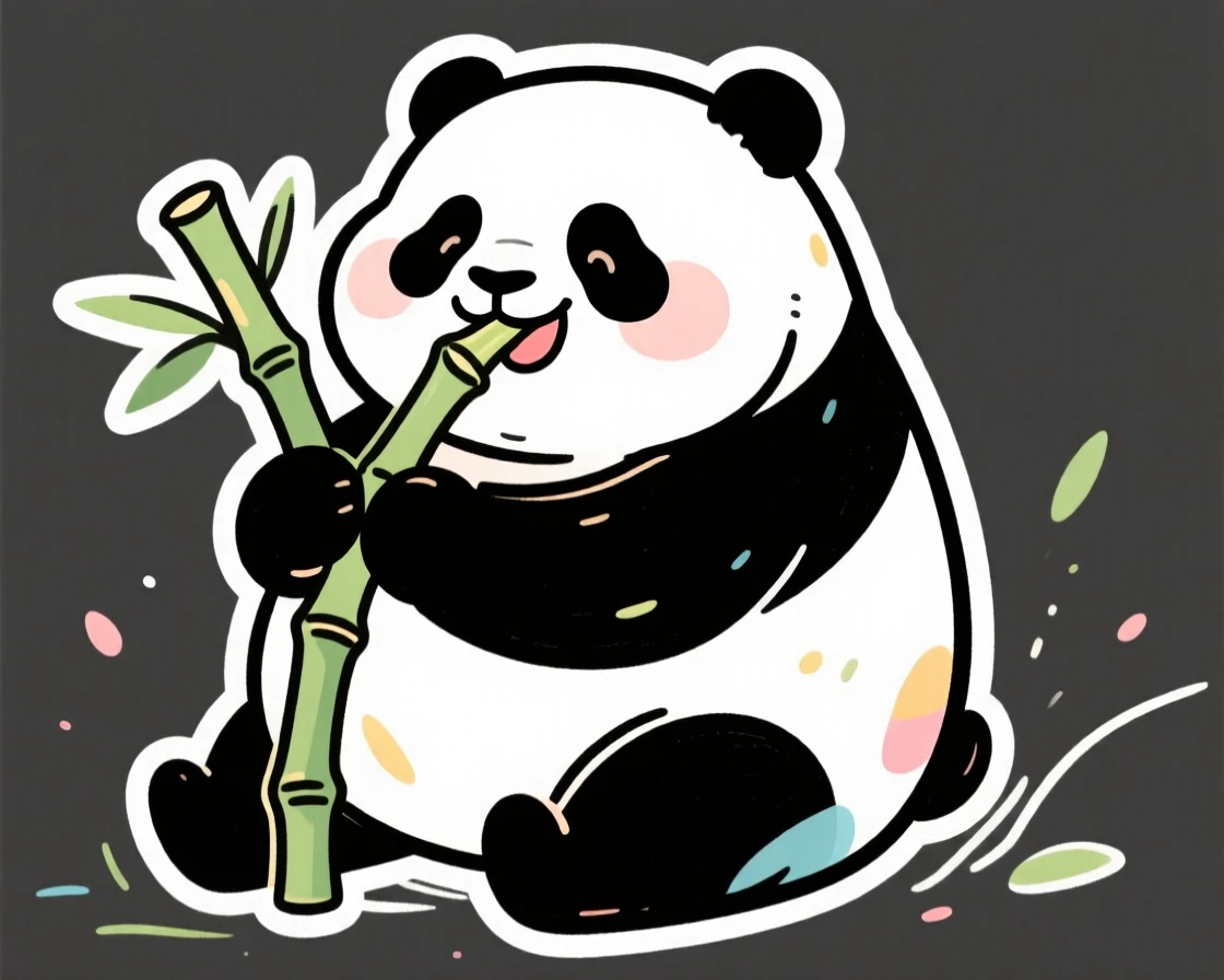A chubby cartoon panda munching happily on a bamboo stalk.