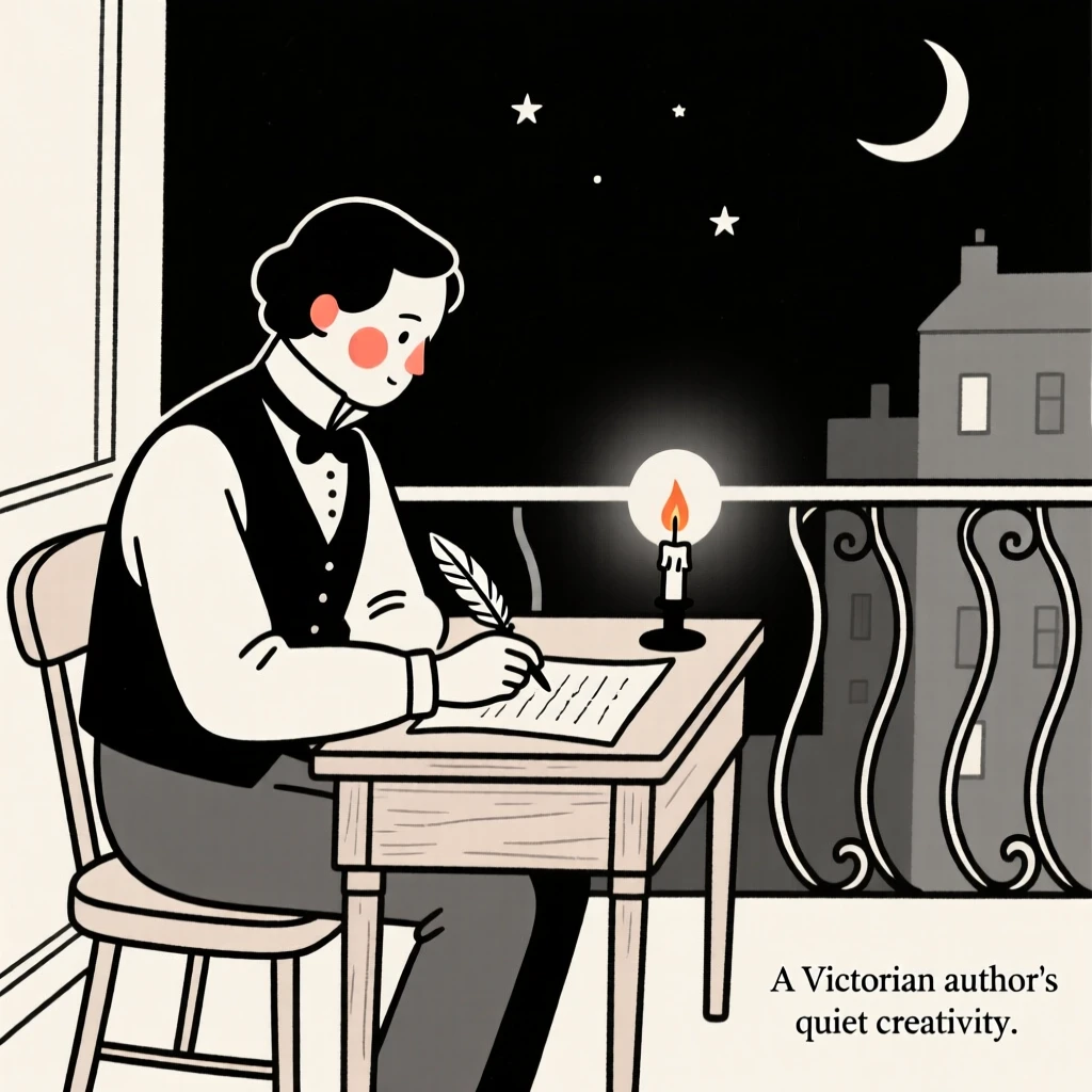 A victorian-era author writing by candlelight, on a city balcony at night.