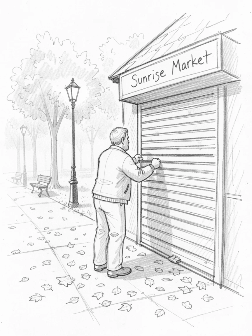 A candid slice-of-life scene of a shopkeeper opening the shutters at dawn in a peaceful suburban park, with autumn leaves scattered underfoot.