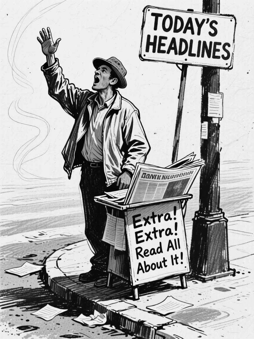 A newspaper vendor calling out headlines on a corner, with a light breeze stirring the surroundings.