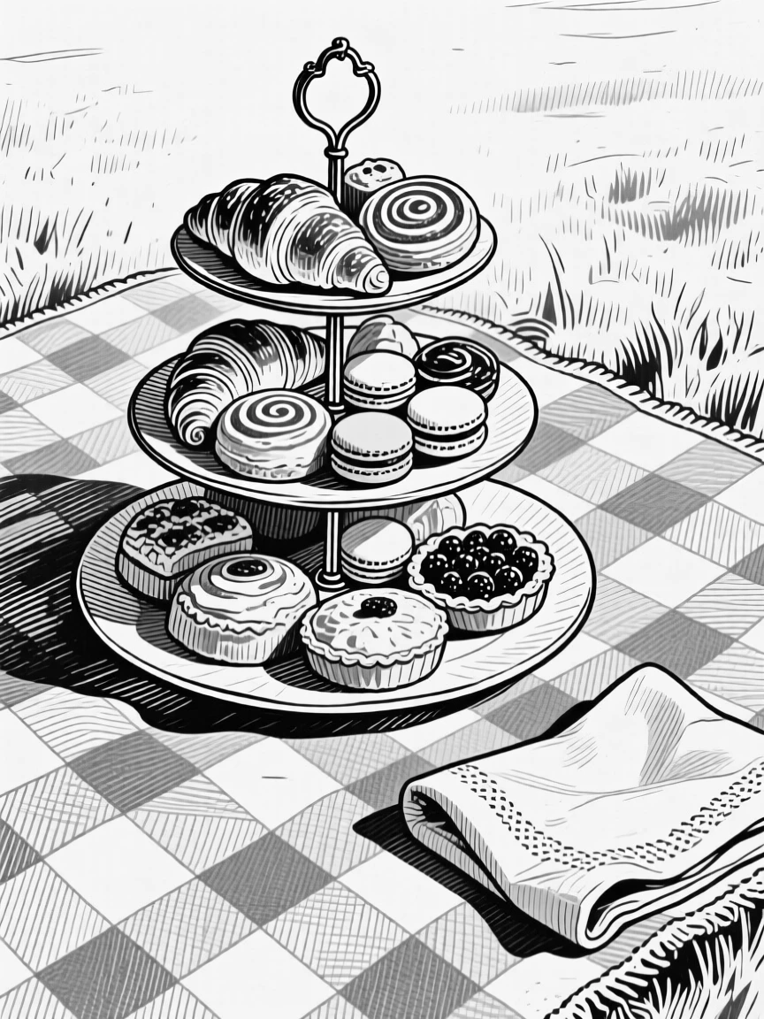 A tiered display of pastries resting on a checkered picnic blanket, with a folded linen napkin nearby, presented in a quietly nourishing culinary still life.