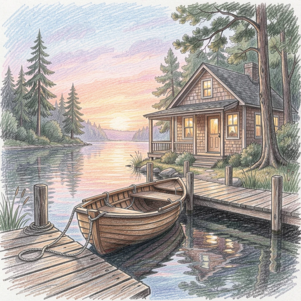 A rowboat tied to a dock beside a quiet lakeside cabin at dawn, captured in a quiet, intimate moment full of atmosphere, full of charm, emotion, and visual delight.
