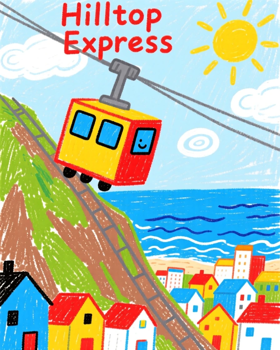 A cable car climbing a steep hill above a coastal city.