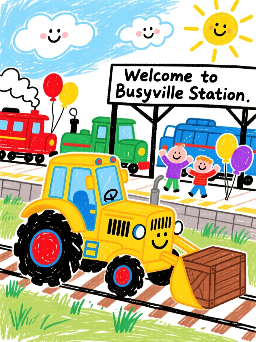 A sturdy yellow tractor loading up at a bustling train station.