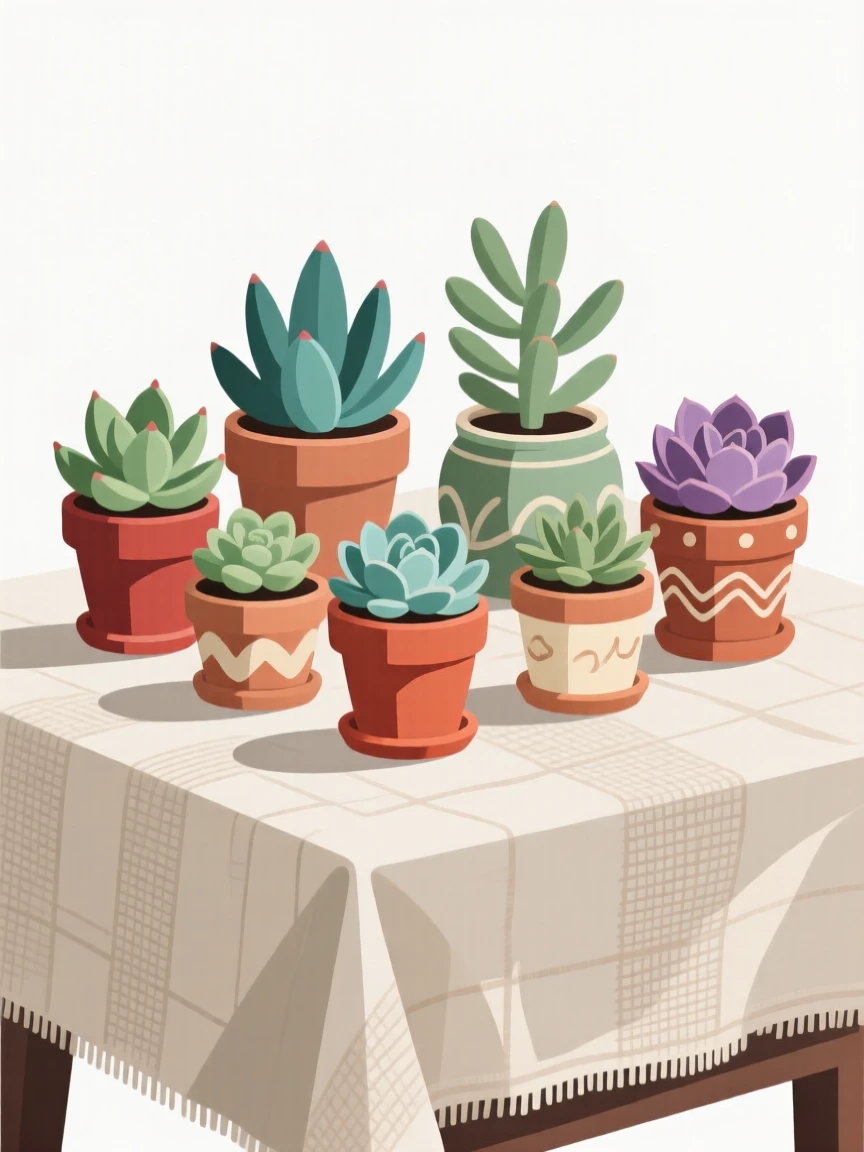 A collection of tiny succulents in painted terracotta pots, arranged on a rustic linen tablecloth, arranged with soft layered shadows adding dimension, with a clean, elegant simplicity.