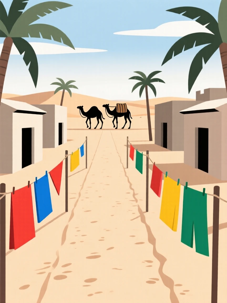 A journey through a desert oasis town toward a desert caravan, passing colorful hanging laundry lines, full of cultural wonder.