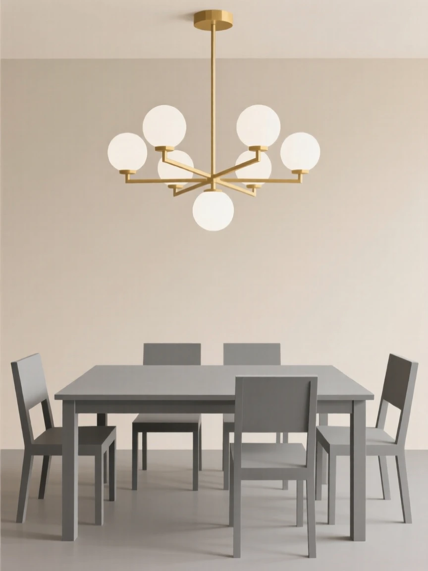 A dining room with a chandelier over the table