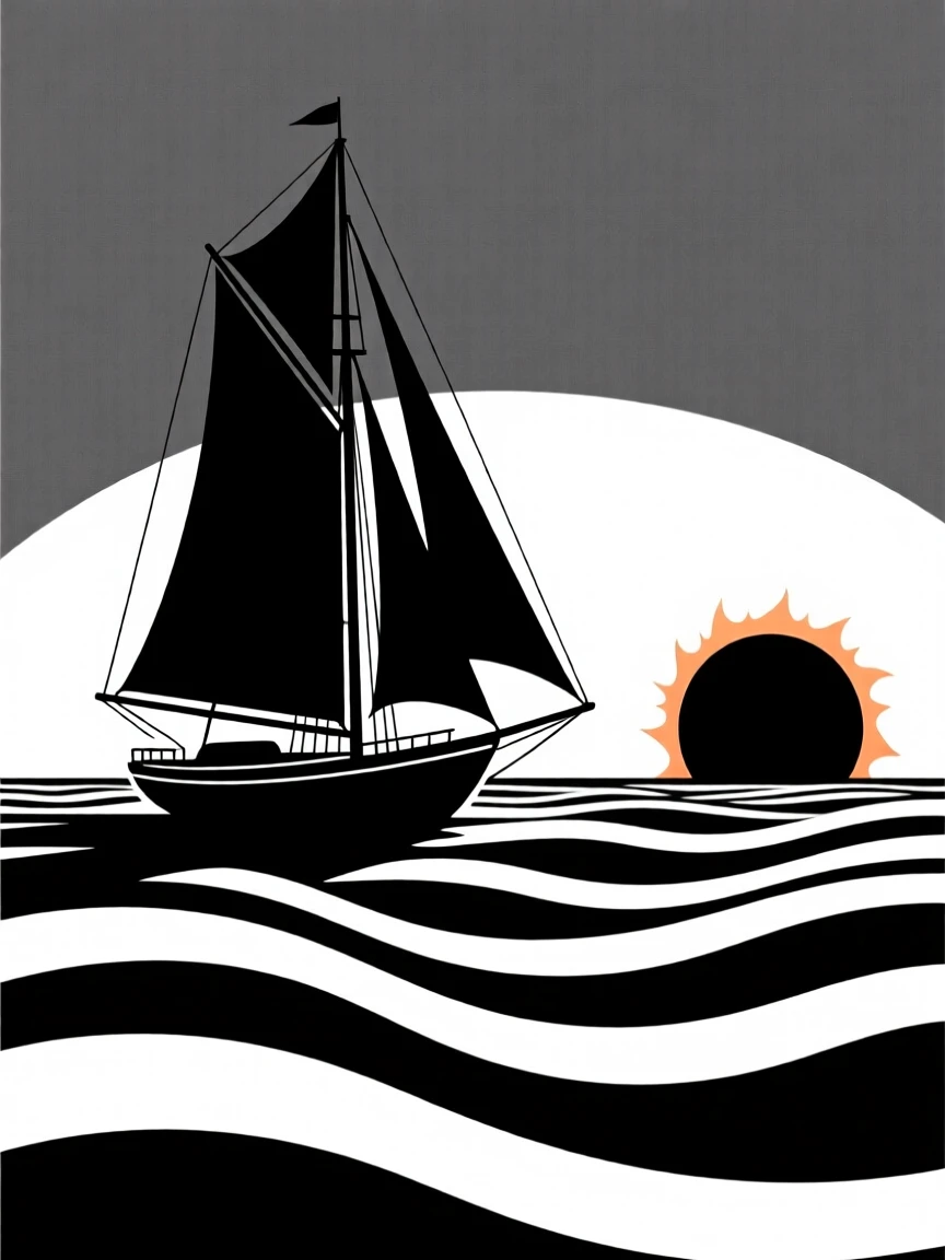 A schooner sailing into a fiery sunset.
