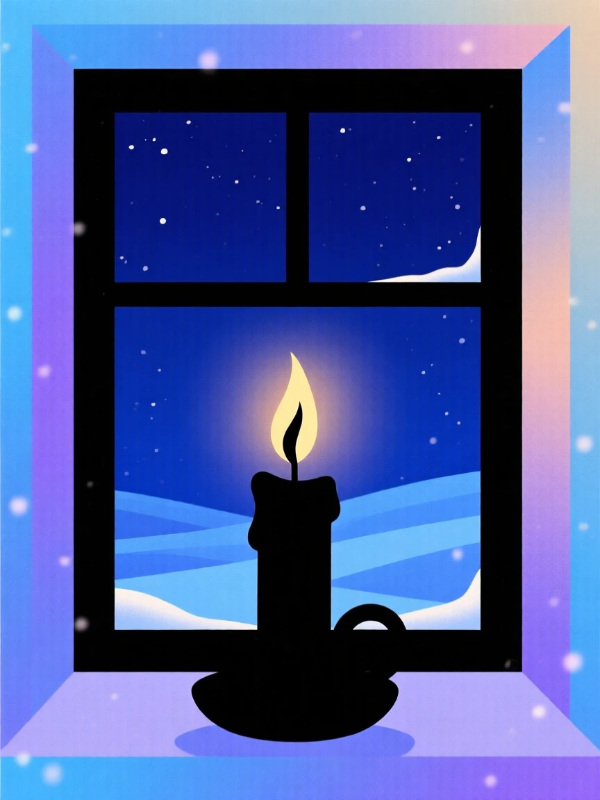 A single candle glowing in a window on a quiet winter night.