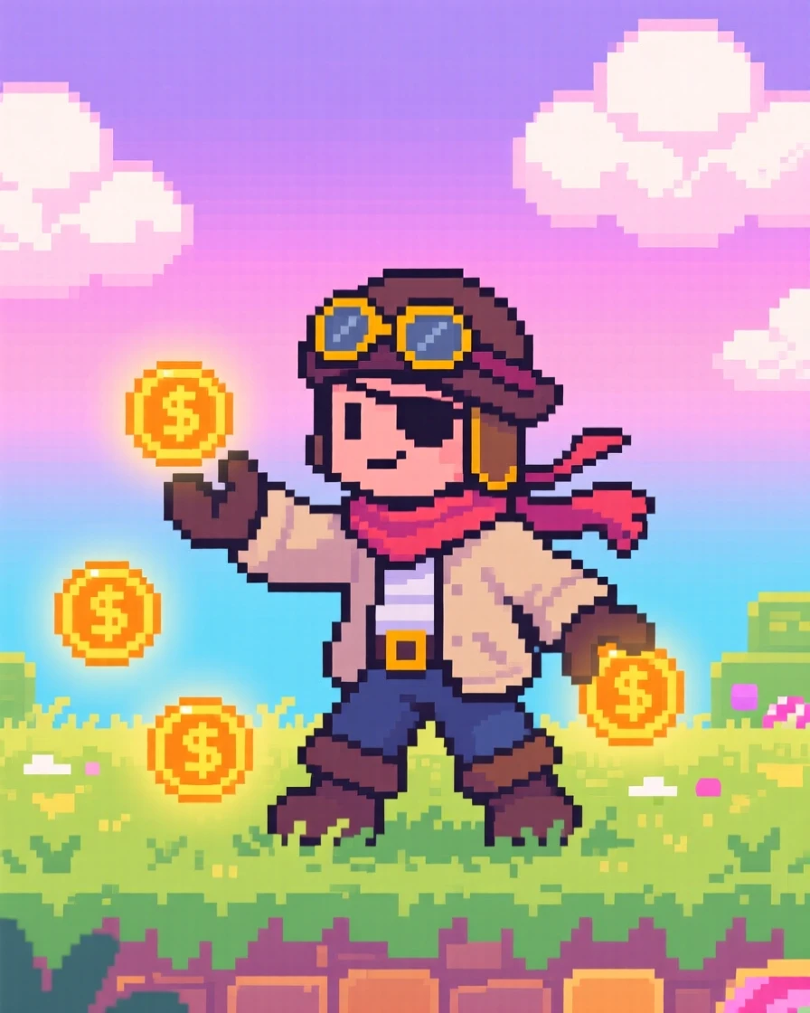 A sky pirate collecting glowing coins in a grassy field, inside a candy-colored bonus level.