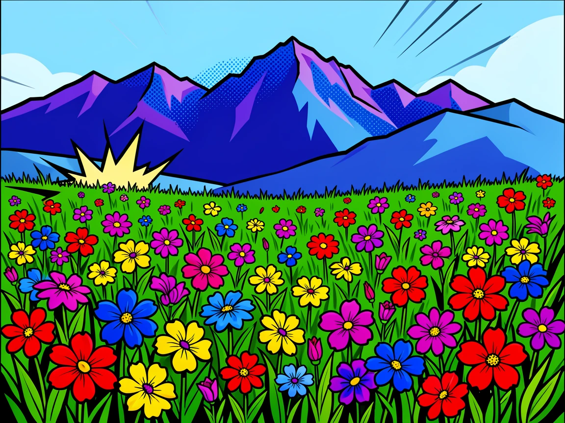 A meadow covered in wildflowers near a mountain range